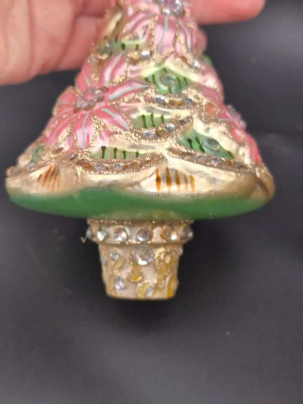 Dillards Handcrafted Glitter Christmas Tree Ornament Pink Green & Rhinestones 5